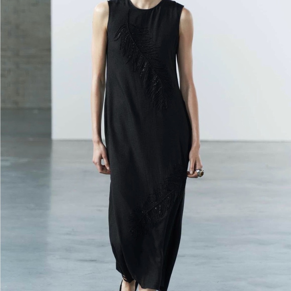 Zara Black Midi Dress with Feather Detail